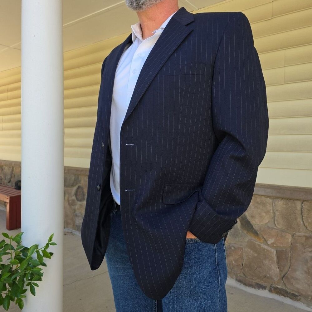 Chaps 42L Suit Jacket Charcoal Gray Pinstripe Chalk Stripe Lightweight Wool